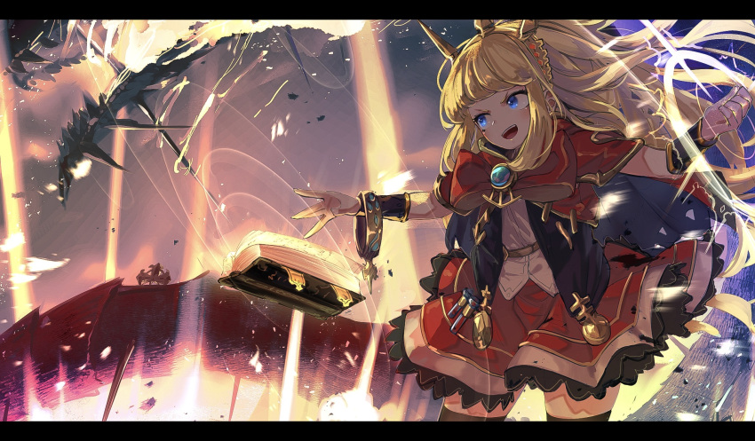 1girl :d arm_up bangle bangs black_legwear blonde_hair blue_cape blue_eyes book bow bowtie bracelet bracer brooch cagliostro_(granblue_fantasy) cape capelet cowboy_shot dragon floating_hair glowing granblue_fantasy head_tilt highres jewelry kashu_(hizake) letterboxed light long_hair looking_away looking_to_the_side magic open_book open_mouth outdoors outstretched_arm red_bow red_capelet red_neckwear red_skirt sharp_teeth shirt sidelocks skirt smile spikes standing teeth thigh-highs tiara v-shaped_eyebrows vial white_shirt wind