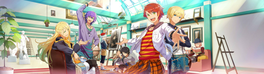 6+boys arm_up back-to-back black_hair blonde_hair blue_eyes bracelet capri_pants couch courbet_(palette_parade) crossed_arms da_vinci_(palette_parade) easel fine_art_parody gogh_(palette_parade) green_eyes highres hokusai_(palette_parade) jewelry long_hair looking_at_viewer looking_back male_focus michelangelo_(palette_parade) mona_lisa multicolored_hair multiple_boys official_art open_mouth outstretched_arms paintbrush palette_parade pants parody pillbox_hat pink_hair plant potted_plant reading redhead rembrandt_(palette_parade) renoir_(palette_parade) shirt sidelocks sitting sleeves_pushed_up statue streaked_hair striped striped_pants striped_shirt studio