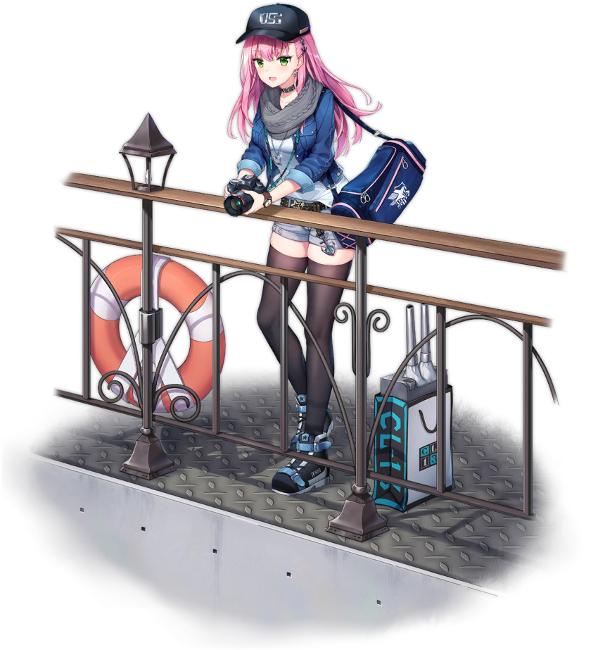 1girl :d alternate_costume anchor_hair_ornament azur_lane bag bangs barcode baseball_cap belt belt_buckle black_belt black_footwear black_headwear black_legwear blue_jacket blush boots breasts buckle camera cannon choker collarbone denim denim_jacket denim_shorts duffel_bag earrings eyebrows_visible_through_hair floating_hair full_body green_eyes grey_scarf grey_shorts hair_between_eyes hair_ornament hat heart heart_necklace highres holding holding_camera jacket jewelry lamppost leaning_on_rail lifebuoy long_hair looking_at_viewer medium_breasts memphis_(azur_lane) official_art open_clothes open_jacket open_mouth parted_lips pendant petals pink_hair railing scarf shirt shopping_bag short_shorts shorts silver15 skindentation sleeves_folded_up smile standing star studded_belt thigh-highs thighhighs_under_boots transparent_background turret v-shaped_eyebrows very_long_hair watch watch white_shirt wind