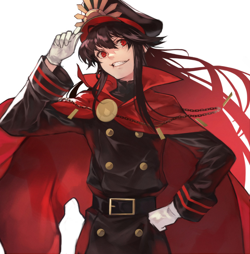 1girl 55level black_hair black_headwear black_jacket cape fate/grand_order fate_(series) gloves hair_between_eyes hat highres jacket jewelry long_hair long_sleeves looking_at_viewer military_hat military_jacket oda_nobunaga_(fate) peaked_cap red_cape red_eyes simple_background solo standing white_background white_gloves