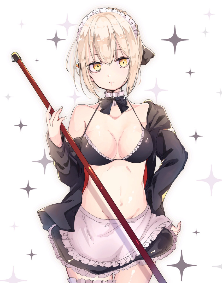 1girl apron artoria_pendragon_(all) artoria_pendragon_(swimsuit_rider_alter) bangs bare_shoulders bikini_top black_bikini_top black_bow black_jacket black_skirt bow breasts closed_mouth collarbone cowboy_shot eyebrows_visible_through_hair fate/grand_order fate_(series) fingernails frilled_apron frilled_bikini_top frilled_skirt frills groin hair_between_eyes hair_bow hand_on_hip highres jacket light_brown_hair maid_bikini maid_day maid_headdress medium_breasts navel off_shoulder open_clothes open_jacket short_hair sidelocks simple_background skirt sofra solo sparkle waist_apron white_apron white_background yellow_eyes