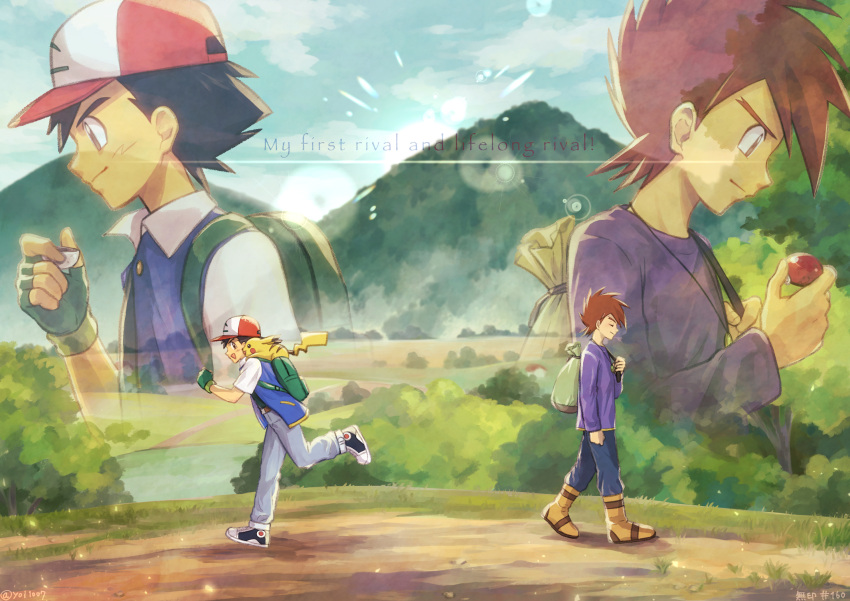 2boys ash_ketchum backpack bag baseball_cap boots brown_hair buttons closed_mouth clouds commentary_request day english_text fingerless_gloves from_side gary_oak gen_1_pokemon gloves green_bag green_gloves hat highres hill holding holding_poke_ball holding_strap jacket lens_flare male_focus multiple_boys open_clothes open_jacket outdoors pants pikachu poke_ball pokemon pokemon_(anime) pokemon_(classic_anime) pokemon_(creature) pokemon_on_back shirt shoes short_hair sky smile spiky_hair standing yoi_(207342)