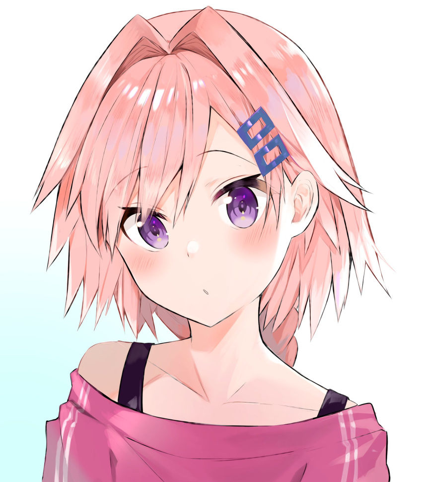 1boy astolfo_(fate) bangs braid casual collarbone commentary_request eyebrows_visible_through_hair fate/apocrypha fate_(series) hair_between_eyes hair_intakes hair_ornament hairclip head_tilt highres kusumoto_touka long_hair looking_at_viewer male_focus multicolored_hair off-shoulder_shirt off_shoulder parted_bangs parted_lips pink_hair pink_shirt portrait shiny shiny_hair shirt simple_background single_braid solo streaked_hair trap violet_eyes white_background white_hair