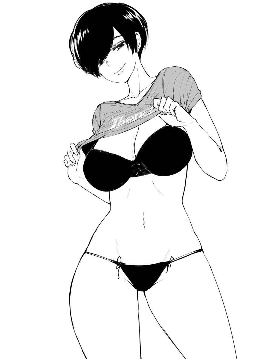 1girl bangs black_bra black_panties bra breasts cleavage commentary earrings english_commentary greyscale highres jewelry large_breasts monochrome norman_maggot olive_laurentia original panties pixie_cut shirt_lift short_hair short_sleeves smile underwear