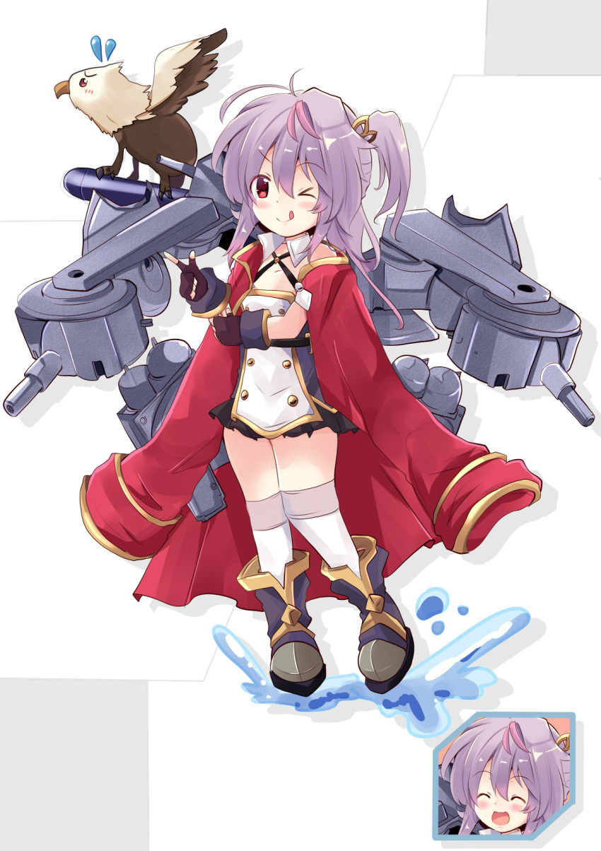 1girl :p azur_lane bird blush closed_eyes commentary_request eagle fingerless_gloves full_body gloves grenville_(azur_lane) hair_between_eyes highres long_hair military_jacket open_mouth purple_hair red_eyes rigging side_ponytail simple_background solo thigh-highs tonchinkan tongue tongue_out torpedo white_background white_legwear younger