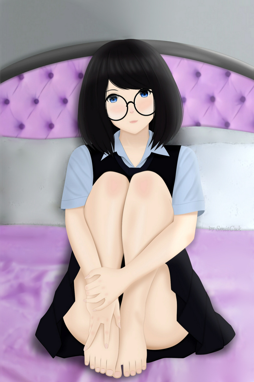 1girl black_hair blue_eyes blush closed_mouth glasses highres looking_at_viewer medium_hair on_bed original school_uniform sitting sitting_on_bed skirt smile smitcuk solo