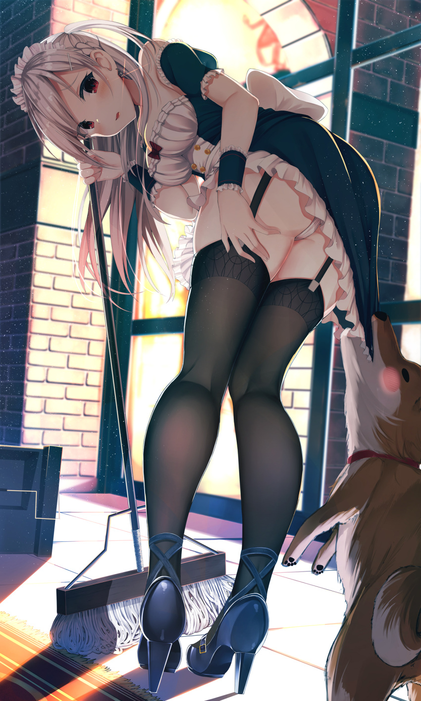 1girl animal apron ass assisted_exposure bangs bare_shoulders bent_over black_footwear black_legwear blush bow breasts carpet commentary_request day detached_sleeves dog eyebrows_visible_through_hair frilled_skirt frilled_sleeves frills from_behind garter_straps glint hair_ornament hairclip high_heels highres hiragi_ringo indoors long_hair looking_at_viewer looking_back maid maid_headdress mop open_mouth original panties pantyshot pantyshot_(standing) puffy_short_sleeves puffy_sleeves pulled_by_another red_bow red_eyes short_sleeves silver_hair skindentation skirt skirt_pull solo standing thigh-highs thighs two_side_up underbust underwear upskirt waist_apron white_panties