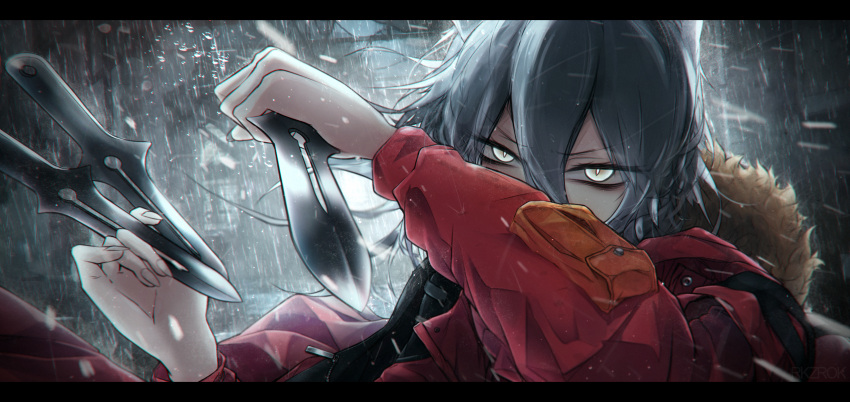 1girl animal_ears arknights bangs breasts coat dagger expressionless fur-trimmed_coat fur_trim grey_hair hair_between_eyes highres holding holding_dagger holding_weapon hood hooded_coat letterboxed long_hair messy_hair outdoors projekt_red_(arknights) rain red_coat rkzrok sidelocks slit_pupils tsurime weapon wolf wolf_ears yellow_eyes