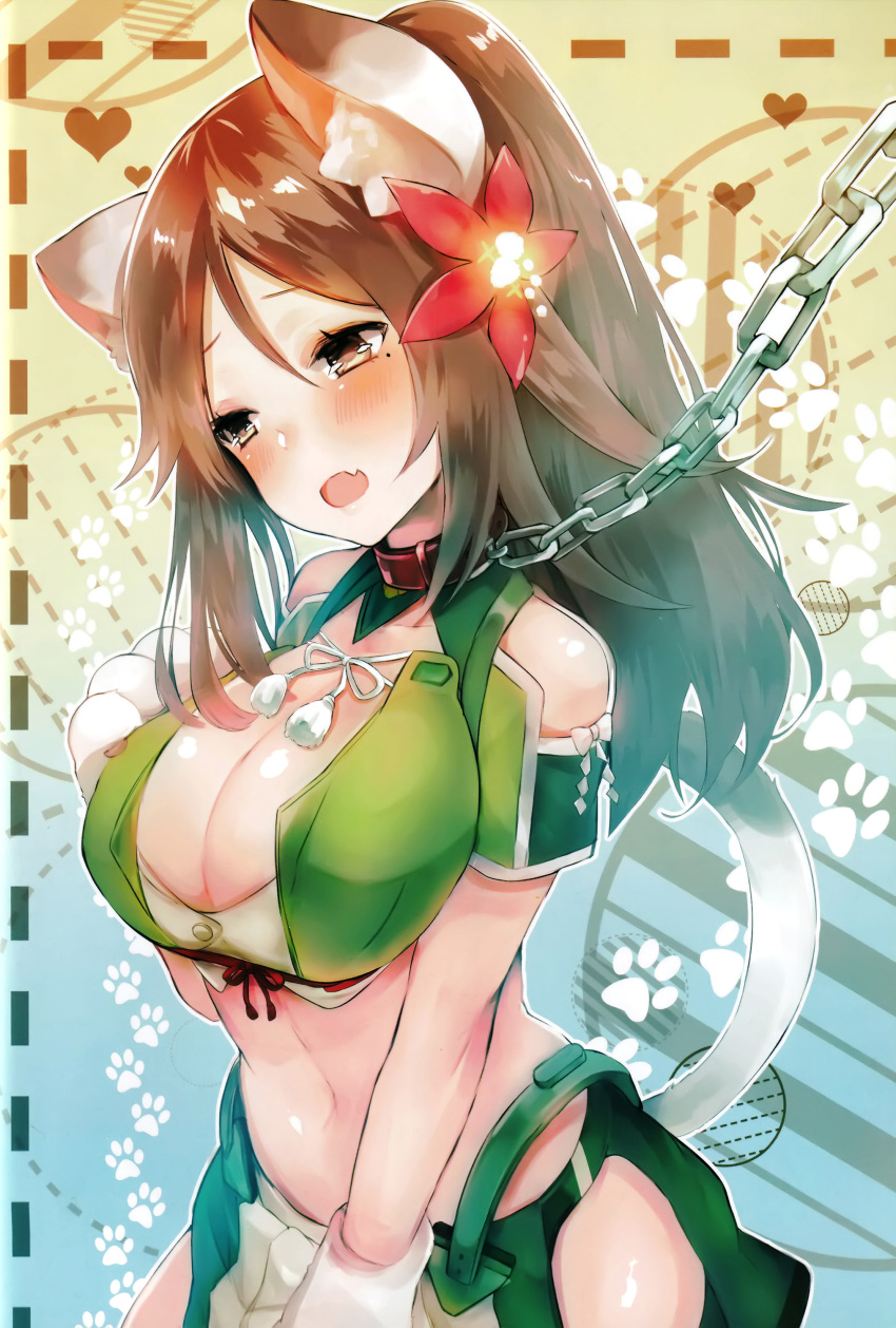 1girl absurdres amagi_(kantai_collection) animal_ears asymmetrical_hair blush breasts brown_eyes brown_hair cat_ears cat_tail chains collar fang flower gloves hair_flower hair_ornament high_ponytail highres japanese_clothes kantai_collection kemonomimi_mode large_breasts leaf_hair_ornament long_hair looking_at_viewer mole mole_under_eye navel open_mouth paw_gloves paws ponytail remodel_(kantai_collection) suzuho_hotaru tail wide_ponytail