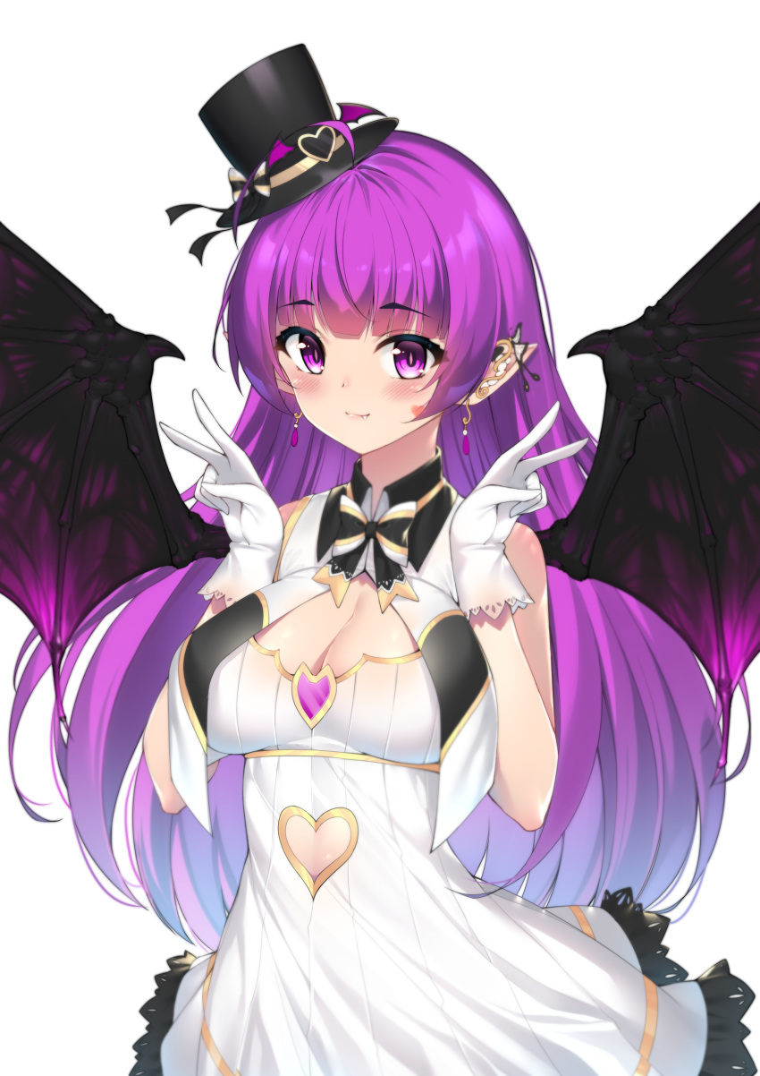 1girl :3 absurdres ahoge bare_shoulders black_bow black_headwear black_neckwear blue_hair blush bow bowtie breasts cleavage_cutout closed_eyes closed_mouth commentary_request cowboy_shot demon_girl demon_wings double_v dress earrings fang fang_out gloves gradient_hair hat heart heart_cutout highres jewelry large_breasts long_hair looking_at_viewer multicolored_hair original pointy_ears purple_hair purple_wings sleeveless sleeveless_dress smile solo straight_hair top_hat v vampire violet_eyes white_dress white_gloves wings wu_yao_jun