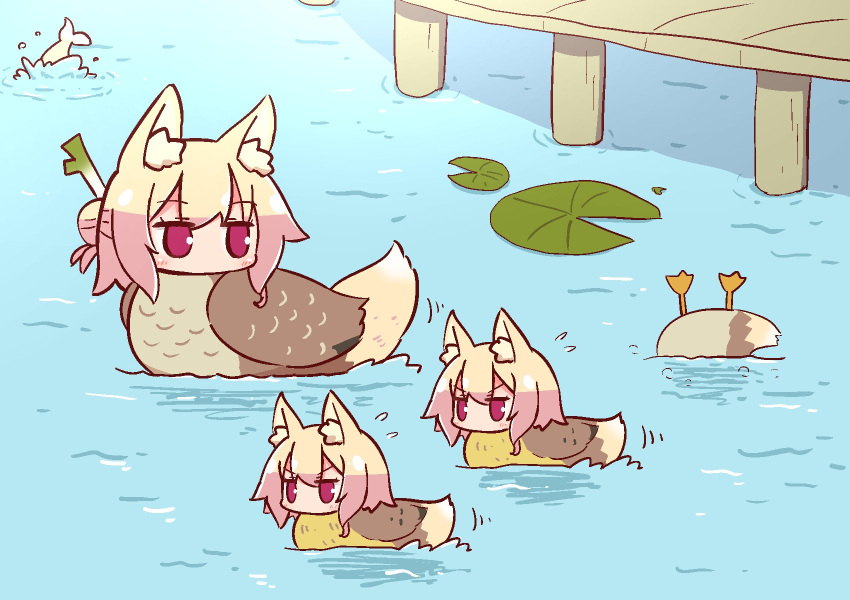 3girls animal animal_ear_fluff animal_ears animalization bangs bird blonde_hair blush commentary_request day duck eyebrows_visible_through_hair fish flying_sweatdrops fox_ears hair_between_eyes hair_bun highres kemomimi-chan_(naga_u) lily_pad long_hair looking_back multiple_girls naga_u original outdoors pier red_eyes sidelocks upside-down v-shaped_eyebrows water