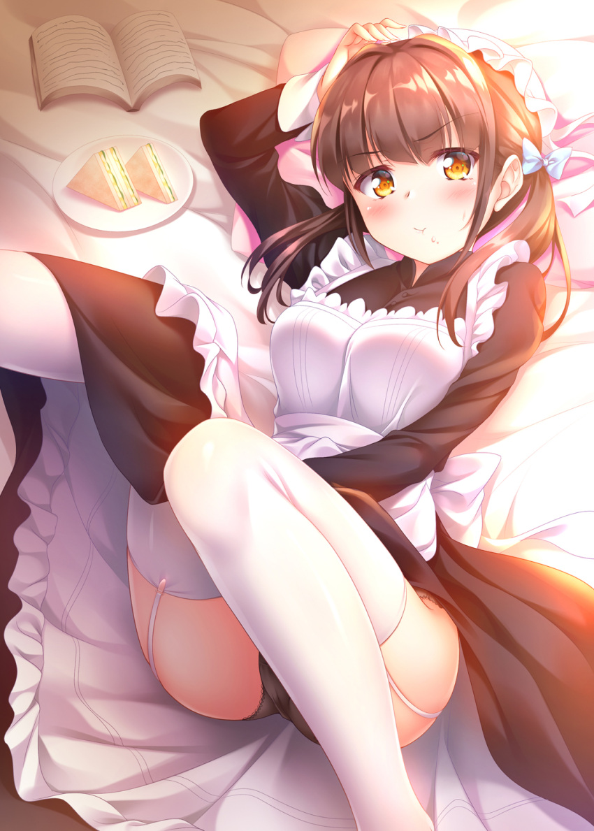 1girl :t apron black_panties blue_bow blush book bow breasts brown_eyes brown_hair dress eating eyebrows_visible_through_hair food food_on_face frills garter_straps hair_bow highres large_breasts legs_up long_hair looking_at_viewer lying maid maid_headdress on_back on_bed original panties sandwich solo sweatdrop thigh-highs underwear white_legwear yuurei_yashiki