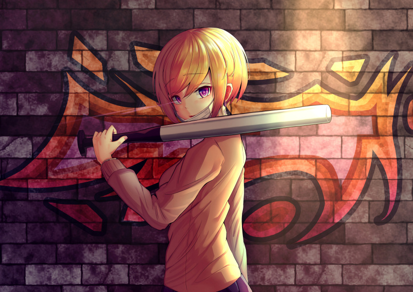 1girl absurdres bangs breasts brick_wall brown_shirt commentary_request eyebrows_visible_through_hair graffiti hair_between_eyes hand_up highres holding_baseball_bat long_sleeves looking_at_viewer looking_to_the_side mask_pull metal_baseball_bat orange_hair original parted_lips pleated_skirt purple_skirt shirt skirt small_breasts solo surgical_mask teshu upper_body violet_eyes