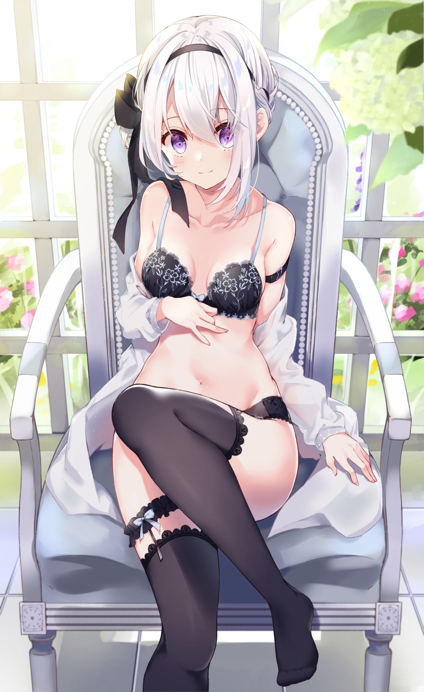 1girl absurdres arm_belt bangs bare_shoulders black_bra black_legwear black_panties black_ribbon blush bra breasts breasts_apart chair clothes_down collarbone commentary day flower groin hair_between_eyes hair_ribbon hairband highres kisaragi_yuri knee_up lace lace-trimmed_bra lace_trim leaf leg_garter lingerie long_sleeves looking_at_viewer medium_breasts navel no_shoes open_clothes open_shirt original panties pink_flower ribbon shirt short_hair sidelocks sitting smile solo stomach sunlight thigh-highs underwear violet_eyes white_hair white_shirt