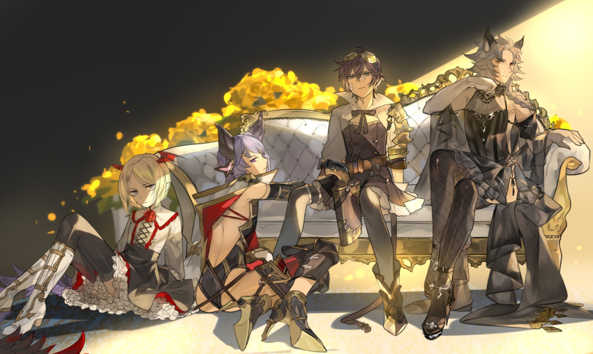 4boys animal_ears ayer backless_outfit bandaid bandaid_on_face black_hair blonde_hair braid cosplay couch crossdressinging dress erune esser esser_(cosplay) flower goggles goggles_on_head granblue_fantasy grey_hair gun head_wings heles heles_(cosplay) high_heels highres holster jessica_(granblue_fantasy) jessica_(granblue_fantasy)_(cosplay) male_focus multiple_boys picube525528 purple_hair quatre_(granblue_fantasy) rose seruel skirt thigh-highs vampy vampy_(cosplay) veight weapon