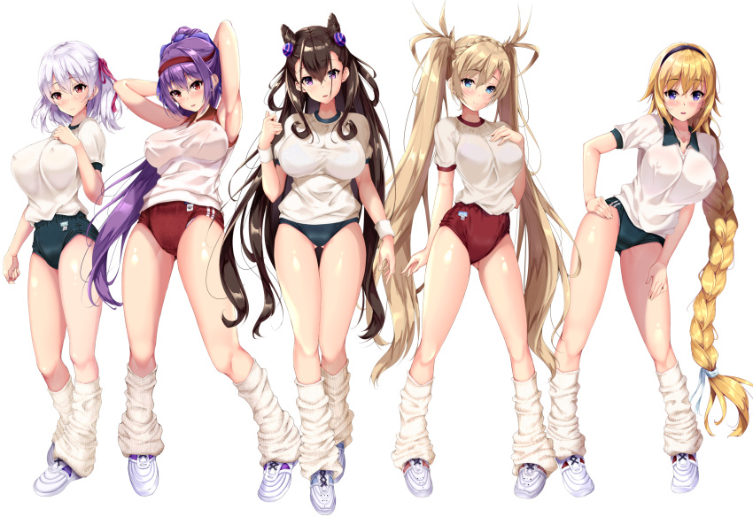 5girls arms_behind_head arms_up bangs blonde_hair blue_buruma blue_eyes bradamante_(fate/grand_order) braid breasts brown_hair buruma collarbone commentary_request erect_nipples eyebrows_visible_through_hair fate/grand_order fate_(series) fukuda_shuushi full_body hairband hand_on_hip hand_on_own_chest highres jeanne_d'arc_(fate) jeanne_d'arc_(fate)_(all) kama_(fate/grand_order) large_breasts lavender_hair long_hair loose_socks multiple_girls murasaki_shikibu_(fate) open_mouth ponytail purple_hair red_buruma red_eyes scathach_(fate)_(all) scathach_skadi_(fate/grand_order) shiny shiny_hair shiny_skin short_hair short_sleeves simple_background standing twintails violet_eyes white_background wristband
