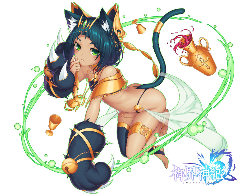 1girl :3 animal_ears barefoot bell black_hair black_legwear cat_ears cat_paws cat_tail complex_saga copyright_name dark_skin eyebrows_visible_through_hair full_body green_eyes jewelry looking_at_viewer necklace neko7 paws short_hair single_thighhigh solo tail thigh-highs