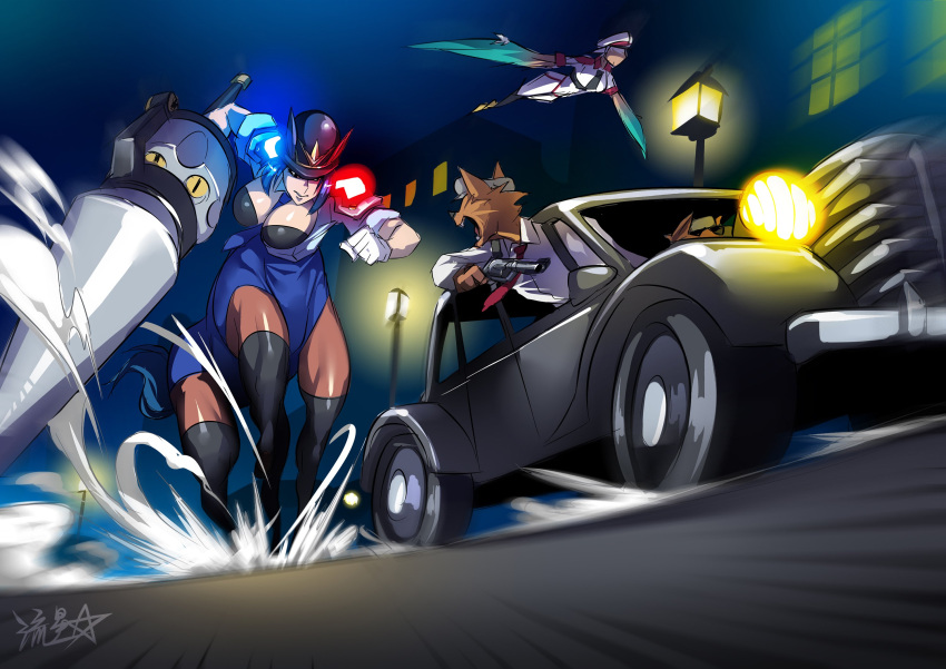 1boy 1girl animal_ears blue_hair car car_chase centaur chasing driving gloves ground_vehicle gun handgun harpy hat highres horse_ears lamppost long_hair monster_girl motor_vehicle multiple_girls night night_sky open_mouth original pointy_ears police police_hat police_uniform policewoman ponytail revolver ryuusei_(mark_ii) sky tail thigh-highs uniform weapon