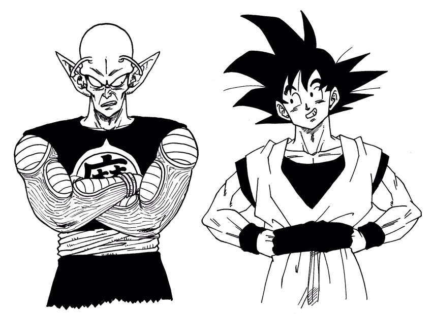 2boys antennae black_eyes black_hair black_shirt clenched_teeth clothes_writing commentary_request crossed_arms dougi dragon_ball dragon_ball_(classic) dragonball_z frown grin hands_on_hips head_tilt highres lee_(dragon_garou) looking_at_another monochrome multiple_boys piccolo_daimaou pointy_ears serious shirt simple_background sleeveless sleeveless_shirt smile son_gokuu spiky_hair teeth time_paradox upper_body white_background wristband