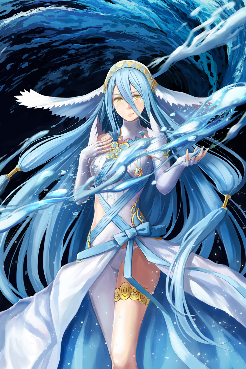 1girl aqua_(fire_emblem_if) asymmetrical_clothes black_background blue_bow blue_hair bow breasts closed_mouth dress elbow_gloves feet_out_of_frame fingerless_gloves fire_emblem fire_emblem_if gloves hair_between_eyes hand_on_own_chest highres hydrokinesis jewelry long_hair medium_breasts necklace nintendo pants pelvic_curtain pendant redpoke single_pantsleg sleeveless sleeveless_dress smile solo standing straight_hair thighlet veil very_long_hair water white_dress white_gloves white_pants yellow_eyes