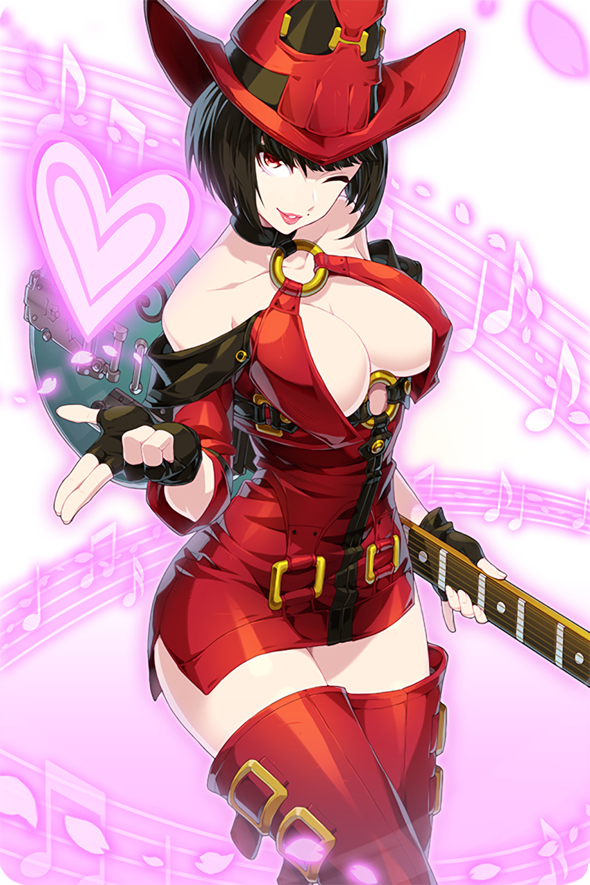 1girl bare_shoulders beamed_eighth_notes black_gloves black_hair boots breasts cleavage comiccho eighth_note fingerless_gloves gloves guilty_gear guitar hat heart highres i-no instrument large_breasts lipstick looking_at_viewer makeup mole mole_above_mouth musical_note o-ring one_eye_closed quarter_note red_eyes red_footwear red_headwear short_hair soccer_spirits solo standing thigh-highs thigh_boots witch_hat