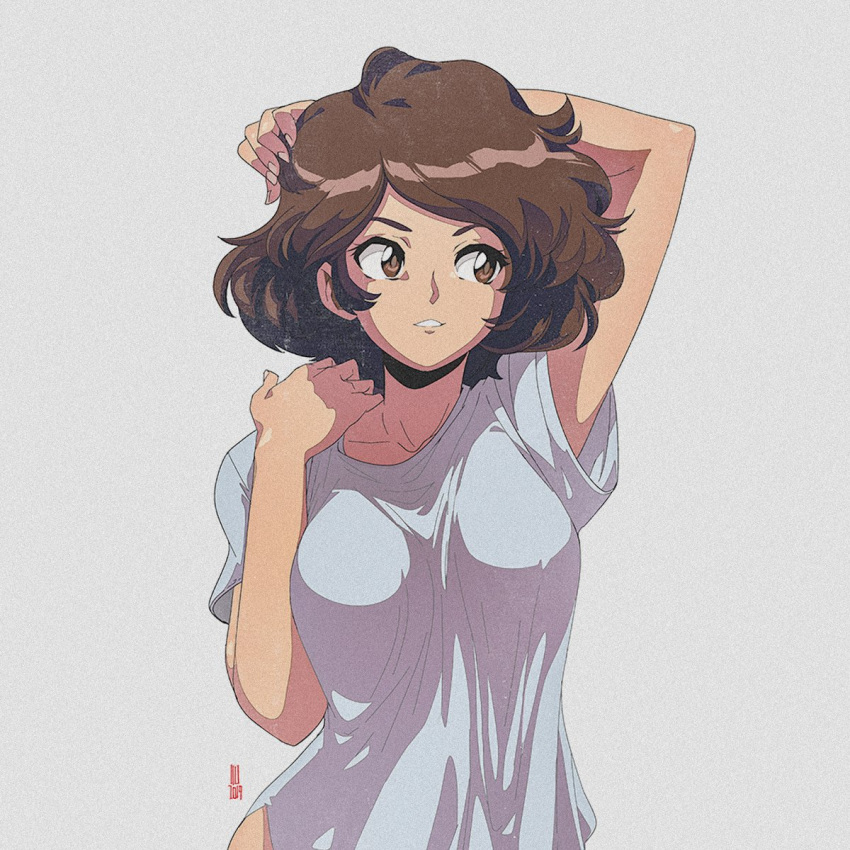 1girl 90s arms_up bluethebone_(character) border borrowed_character breasts brown_eyes brown_hair commentary david_liu english_commentary highres medium_breasts oldschool original shirt solo t-shirt