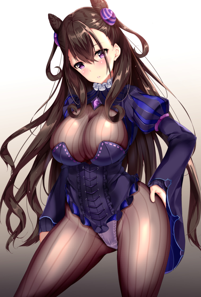 1girl bangs blush bodystocking breasts brown_hair cleavage commentary_request fate/grand_order fate_(series) frills fukuda_shuushi gradient gradient_background hand_on_hip highres juliet_sleeves large_breasts long_hair long_sleeves murasaki_shikibu_(fate) panties panties_under_pantyhose pantyhose parted_lips puffy_sleeves shiny shiny_clothes shiny_hair simple_background solo turtleneck underwear violet_eyes wide_sleeves