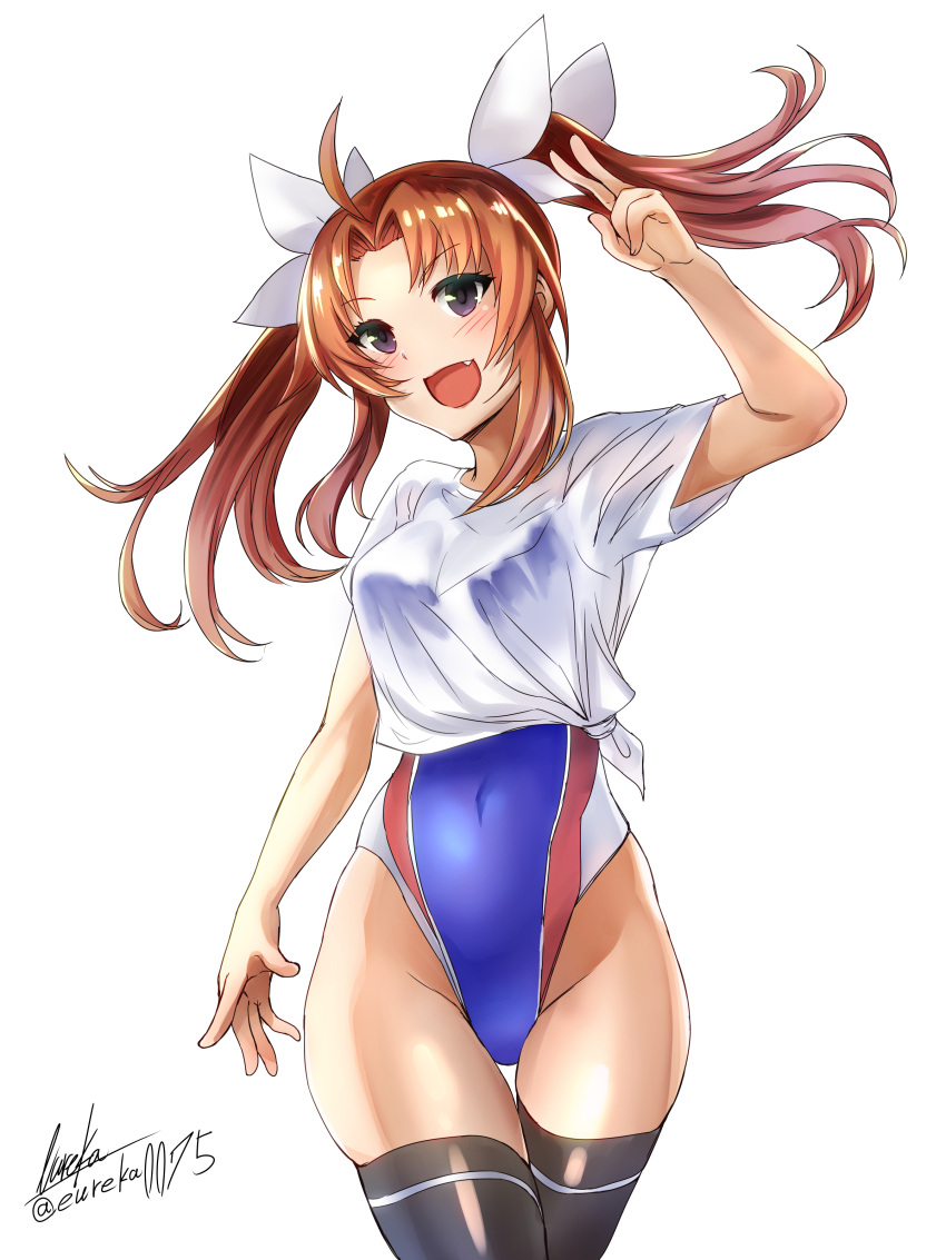 1girl absurdres black_legwear blush breasts brown_hair competition_swimsuit covered_navel eureka_(eureka-0075) eyebrows_visible_through_hair hair_ribbon highres kagerou_(kantai_collection) kantai_collection long_hair looking_at_viewer medium_breasts one-piece_swimsuit open_mouth ribbon shirt simple_background solo swimsuit swimsuit_under_clothes thigh-highs thighs twintails white_background white_ribbon white_shirt