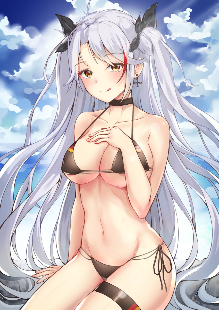 1girl :q absurdres azur_lane bangs bikini black_bikini black_choker blue_sky blush breasts brown_eyes choker clouds cross cross_earrings day earrings eyebrows_visible_through_hair flag_print german_flag_bikini highres jewelry large_breasts long_hair looking_at_viewer multicolored_hair navel outdoors prinz_eugen_(azur_lane) prinz_eugen_(unfading_smile)_(azur_lane) redhead ribbon side-tie_bikini silver_hair sitting sky smile solo streaked_hair swimsuit thigh_strap tongue tongue_out two_side_up very_long_hair wung125