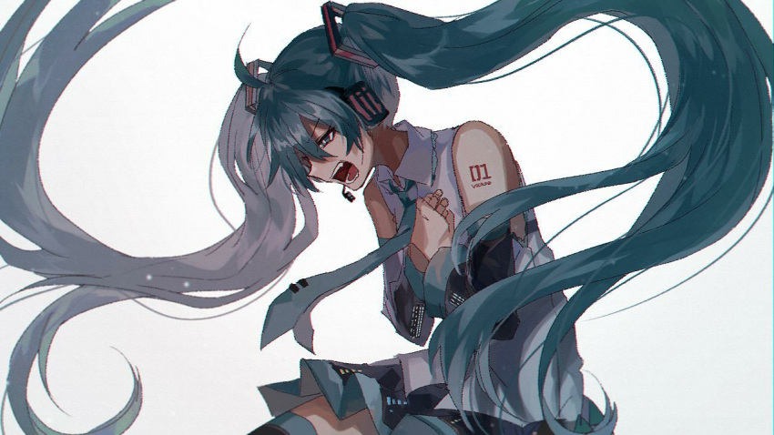 1girl black_skirt blue_hair blue_neckwear danjou_sora detached_sleeves floating_hair frown half-closed_eyes hands_on_own_chest hatsune_miku headset long_hair looking_down necktie number_tattoo open_mouth pleated_skirt sharp_teeth shirt shoulder_tattoo simple_background skirt sleeveless sleeveless_shirt solo tattoo teeth thigh-highs twintails upper_body v-shaped_eyebrows very_long_hair vocaloid white_background white_shirt zettai_ryouiki