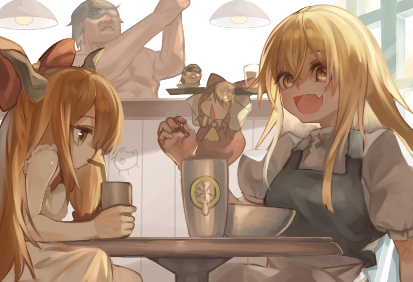 &gt;_&lt; 1boy 3girls absurdres ascot bangs bartender black_vest bow bowl breasts brown_hair ceiling_light closed_mouth commentary_request cookie_(touhou) cup detached_sleeves dress fang hair_between_eyes hair_bow hakurei_reimu hide_(acceed) highres horns ibuki_suika kirisame_marisa lamp long_hair looking_at_viewer manatsu_no_yo_no_inmu medium_breasts minigirl multiple_girls okasan01 open_mouth orange_eyes orange_hair puffy_short_sleeves puffy_sleeves red_bow red_dress sakenomi_(cookie) shirt short_hair short_sleeves skin_fang sleeveless sleeveless_shirt smile sunglasses table takuya_(acceed) touhou triangle_mouth upper_body uzuki_(cookie) vest white_shirt yamin_(cookie) yellow_ascot