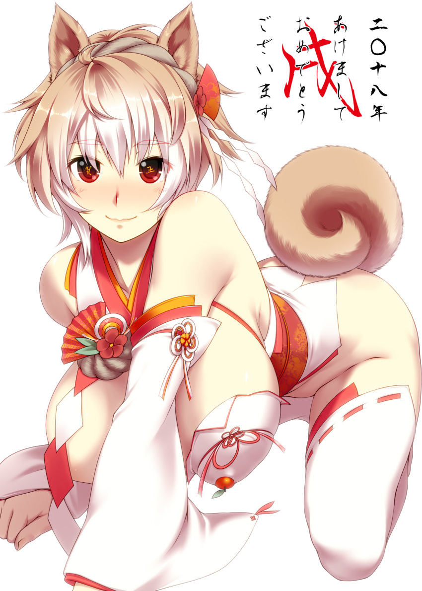 1girl all_fours animal_ears bangs black_eyes blush breasts brown_hair closed_mouth crossed_bangs dog_ears dog_tail eyebrows_visible_through_hair hair_ornament highres japanese_clothes kneeling large_breasts long_sleeves looking_at_viewer miko multicolored multicolored_eyes multicolored_hair obi obijime original red_eyes sash short_hair simple_background smile solo tail text_in_eyes thigh-highs tro white_background white_hair white_legwear wide_sleeves