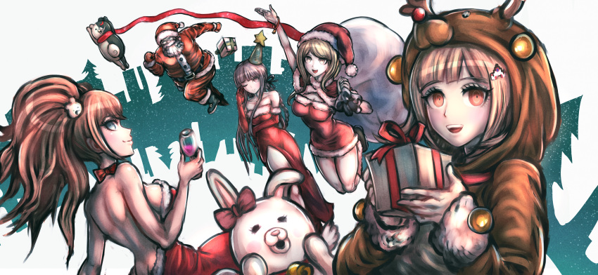 1boy 4girls absurdres akamatsu_kaede animal_ears antlers bare_arms bare_back bare_shoulders bear bear_hair_ornament beard black_footwear blonde_hair boots bow breasts brown_hair christmas cleavage commentary_request dangan_ronpa dangan_ronpa_1 dgrp_(minhduc12333) dress ear_ribbon enoshima_junko eyebrows_visible_through_hair facial_hair fat gift glasses gloves hair_ornament hairclip hat highres holding huge_filesize kirigiri_kyouko large_breasts long_hair long_sleeves monokuma monomi monomi_(dangan_ronpa) multiple_girls nanami_chiaki new_dangan_ronpa_v3 red_bow red_dress reindeer_antlers sack santa_costume santa_hat scarf short_hair smile super_dangan_ronpa_2 togami_byakuya_(super_dangan_ronpa_2) upper_teeth