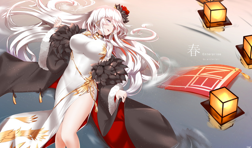 1girl absurdres alternate_costume artist_name azur_lane bangs bare_shoulders blush breasts character_name china_dress chinese_clothes coat dress earrings enterprise_(azur_lane) eyebrows_visible_through_hair feather_trim flight_deck flower fur-trimmed_coat fur_trim gold gold_trim hair_between_eyes hair_flower hair_ornament half-closed_eyes highres hoop_earrings huge_filesize jewelry lantern large_breasts light_particles long_hair looking_away lying lying_on_water on_back open_clothes open_coat open_mouth side_slit sidelocks silver_hair solo thighs very_long_hair violet_eyes white_dress winterfall_(artenh)