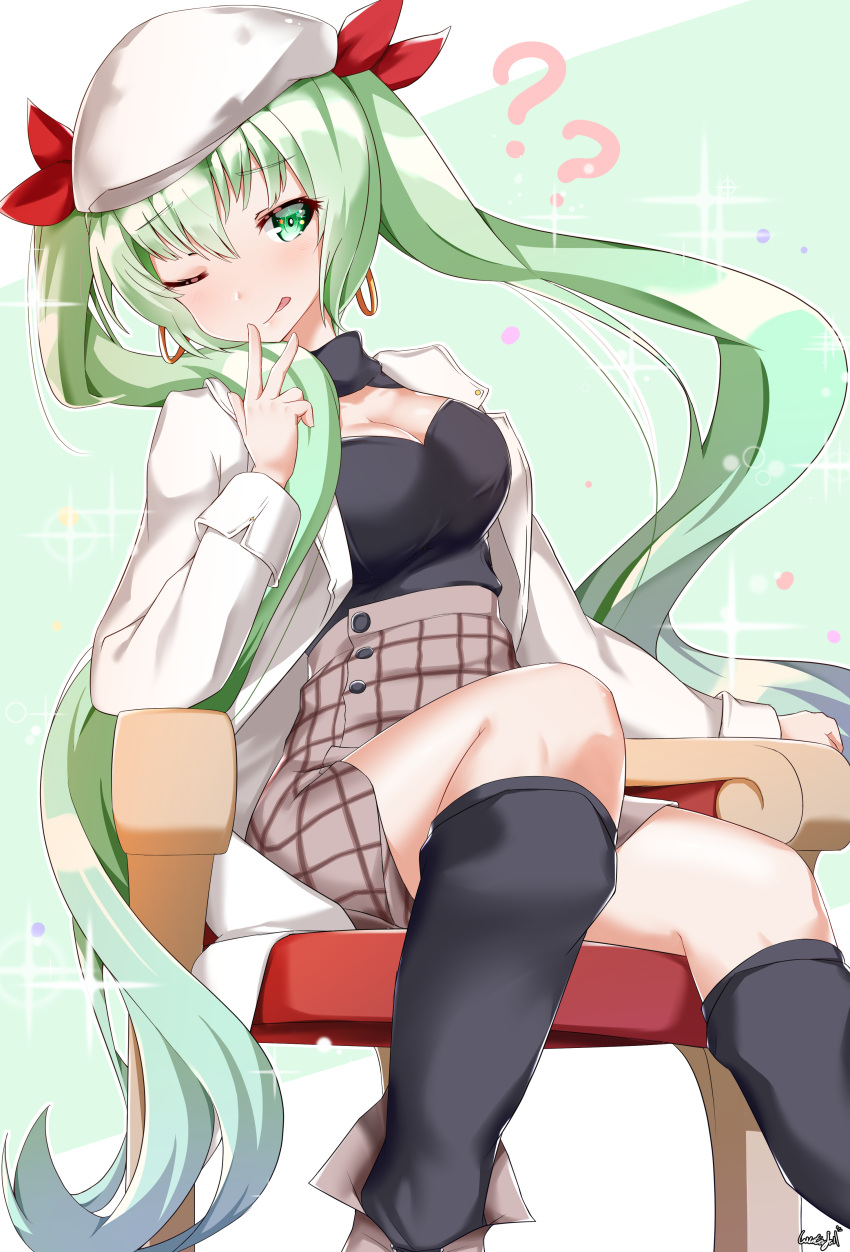 1girl ;9 ? absurdres bangs black_shirt blush boots breasts brown_footwear brown_skirt casual chair cleavage earrings eyebrows_visible_through_hair girls_frontline green_eyes green_hair grey_legwear hair_ribbon head_tilt highres hoop_earrings jacket jewelry kneehighs large_breasts long_hair long_sleeves looking_at_viewer micro_uzi_(girls_frontline) one_eye_closed open_clothes open_jacket red_ribbon ribbon shirt shorts signature simple_background sitting skirt sleeve_cuffs smile solo tongue tongue_out twintails very_long_hair white_background white_headwear white_jacket winterfall_(artenh)