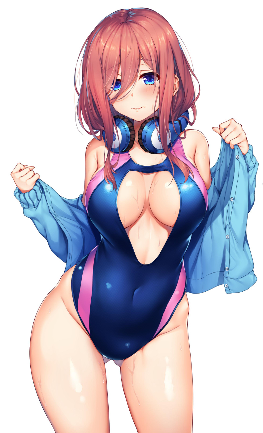 1girl absurdres ass_visible_through_thighs bangs bare_shoulders blue_cardigan blue_eyes blue_swimsuit blush breasts brown_hair cardigan cleavage_cutout closed_mouth collarbone competition_swimsuit cowboy_shot eyebrows_visible_through_hair frown go-toubun_no_hanayome hair_between_eyes headphones headphones_around_neck highres large_breasts long_hair long_sleeves looking_at_viewer nakano_miku one-piece_swimsuit open_cardigan open_clothes raiou simple_background smile solo swimsuit undressing wet white_background