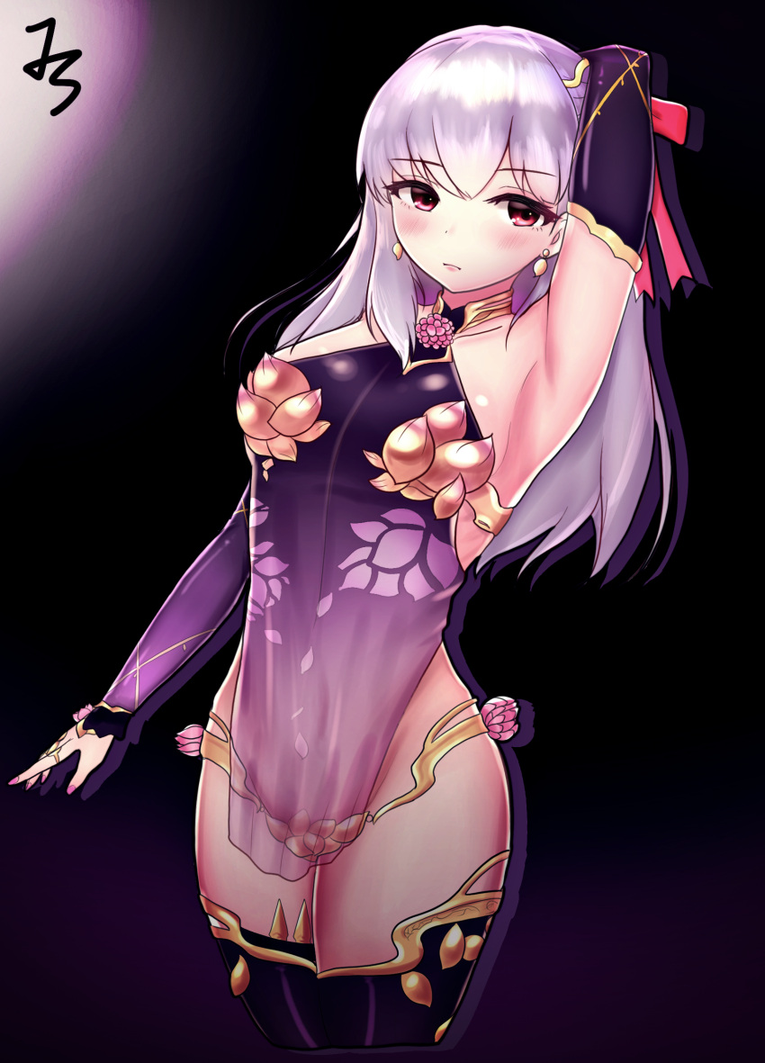 1girl absurdres arm_up armpits bangs bare_shoulders blush breasts closed_mouth collarbone cropped_legs dot_nose dress fate_(series) gold_trim gradient_dress groin highres jscu kama_(fate/grand_order) legs_together long_hair looking_at_viewer purple_dress red_eyes see-through sideboob silver_hair small_breasts solo