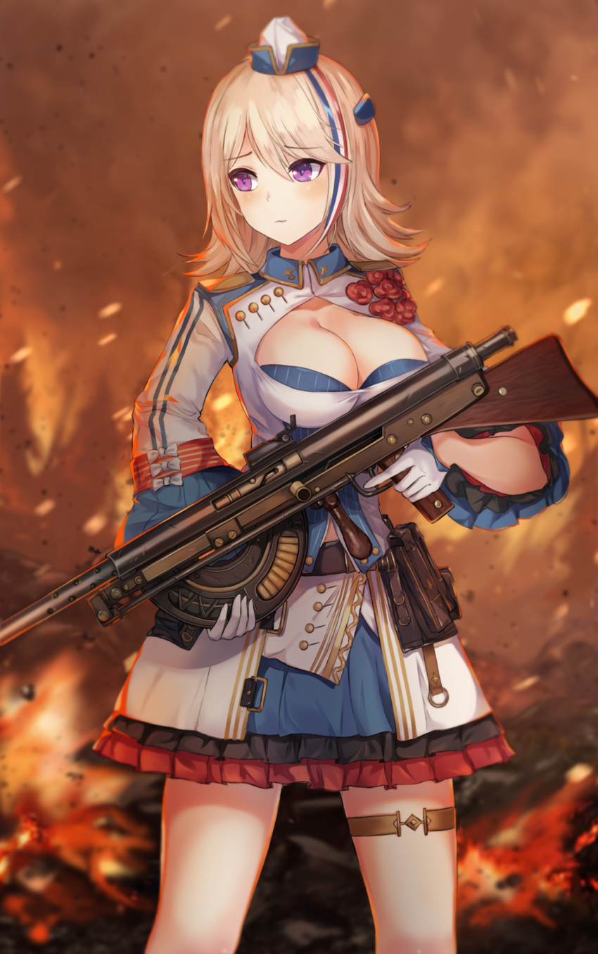1girl absurdres bangs beluga_dolphin blonde_hair blue_hair blurry blurry_background breasts chauchat chauchat_(girls_frontline) cleavage cleavage_cutout dress dust eyebrows_visible_through_hair fire girls_frontline gloves gun hat highres holding holding_gun holding_weapon jacket large_breasts light_machine_gun looking_at_viewer looking_to_the_side mini_hat multicolored multicolored_clothes multicolored_dress multicolored_jacket outdoors redhead rifle sidelocks solo thigh_strap trigger_discipline uniform violet_eyes weapon