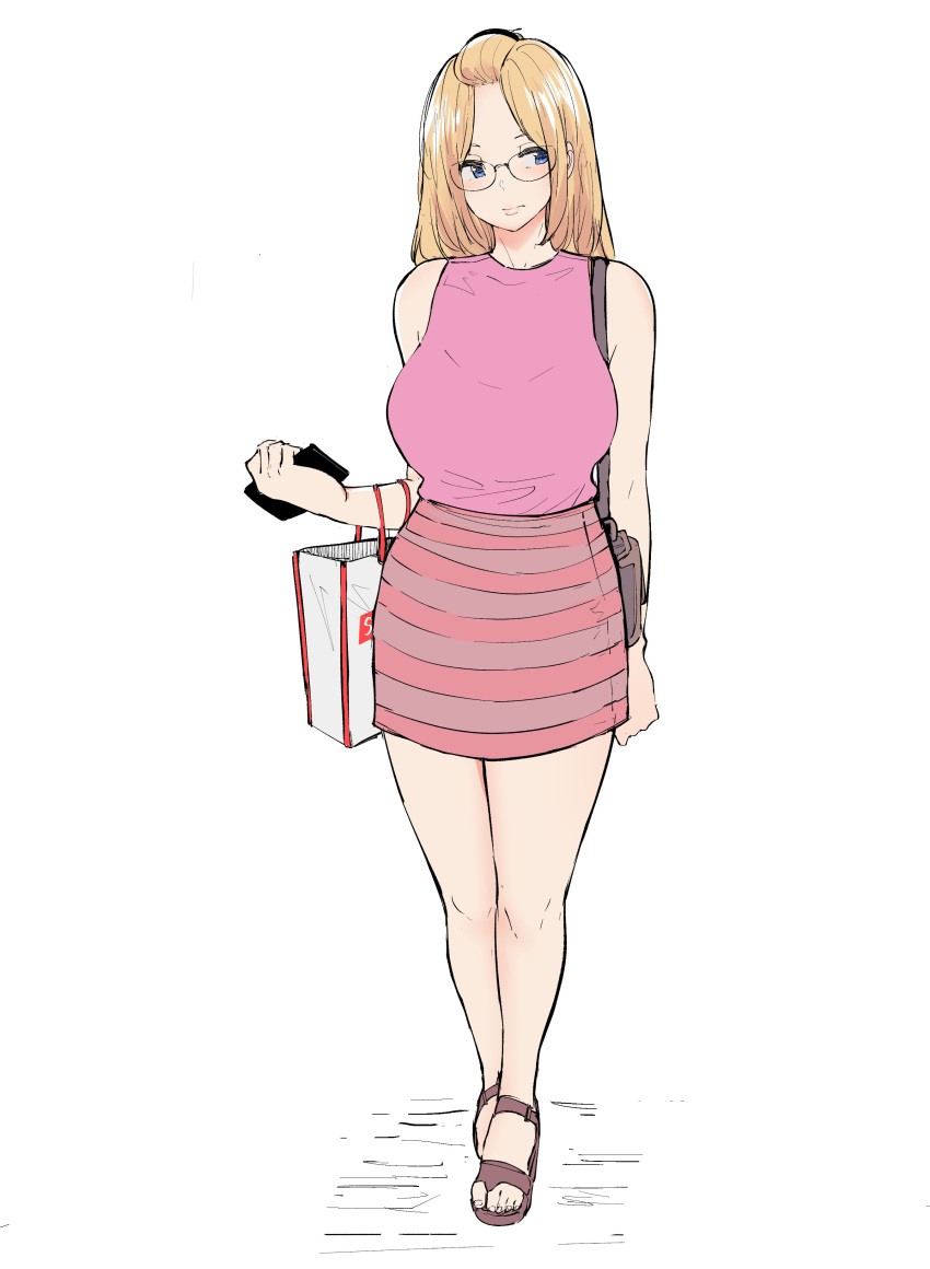 1girl absurdres bag bangs_pinned_back blonde_hair blue_eyes breasts cellphone commentary english_commentary full_body glasses handbag highres holding holding_bag holding_phone inne_sulistya_robin large_breasts long_hair looking_to_the_side norman_maggot original phone pink_shirt sandals shirt shirt_tucked_in shopping_bag simple_background sketch skirt sleeveless sleeveless_shirt solo standing striped striped_skirt white_background