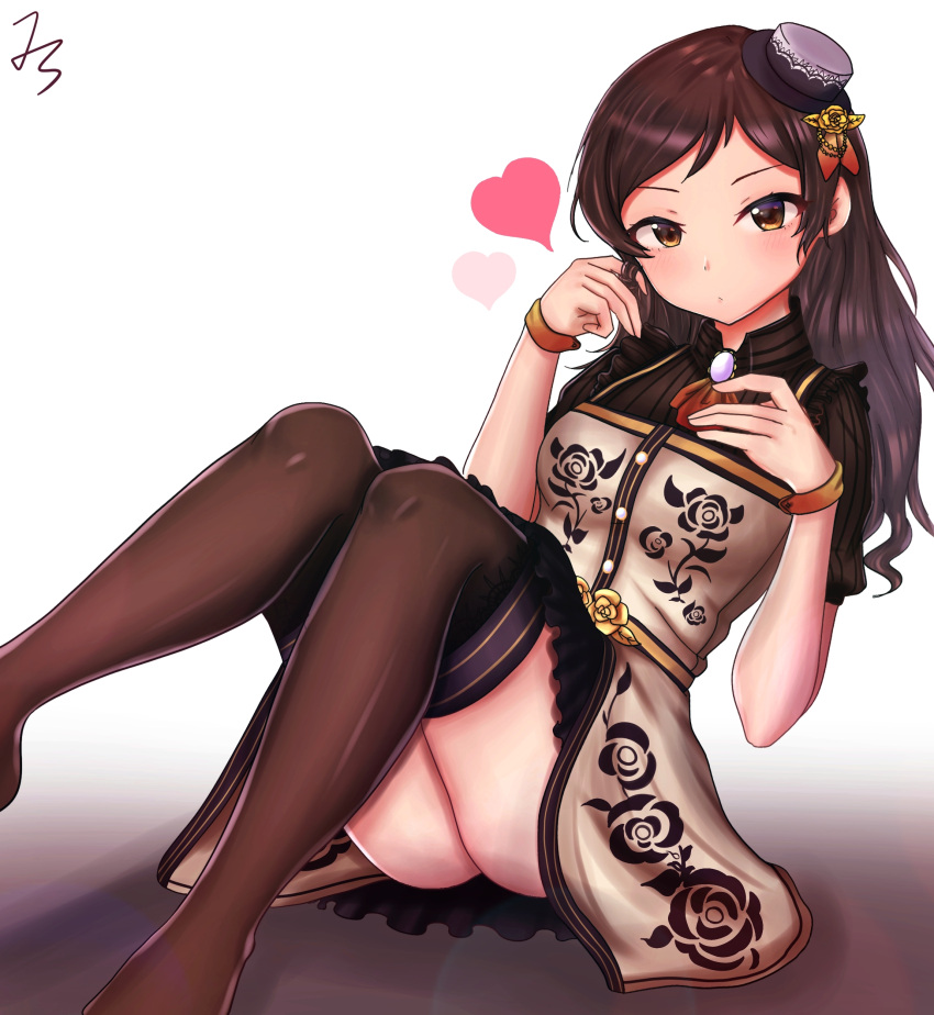 1girl :/ absurdres beige_dress breasts brooch brown_eyes brown_hair brown_legwear brown_sleeves closed_mouth collared_dress dress floral_print frilled_dress frills hair_twirling hands_up heart highres idolmaster idolmaster_million_live! idolmaster_million_live!_theater_days jewelry jscu kitazawa_shiho long_hair looking_at_viewer medium_breasts no_shoes print_dress puffy_short_sleeves puffy_sleeves short_sleeves simple_background sitting solo upskirt wavy_hair white_background