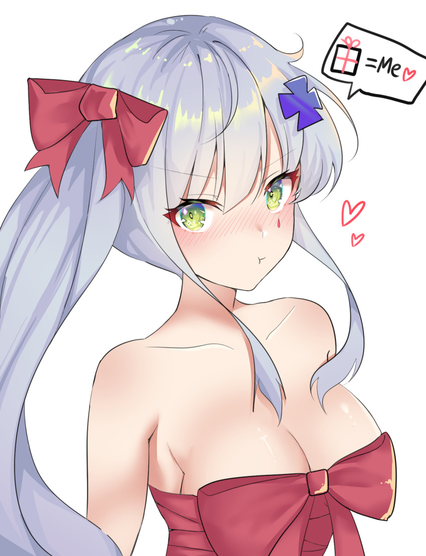1girl :t bangs bare_shoulders blush bow breasts cleavage closed_mouth collarbone commentary english_text eyebrows_visible_through_hair girls_frontline green_eyes hair_between_eyes hair_bow hair_ornament heart highres hk416_(girls_frontline) long_hair looking_at_viewer medium_breasts meow_nyang naked_ribbon nose_blush pout red_bow red_ribbon ribbon side_ponytail sidelocks silver_hair solo upper_body v-shaped_eyebrows