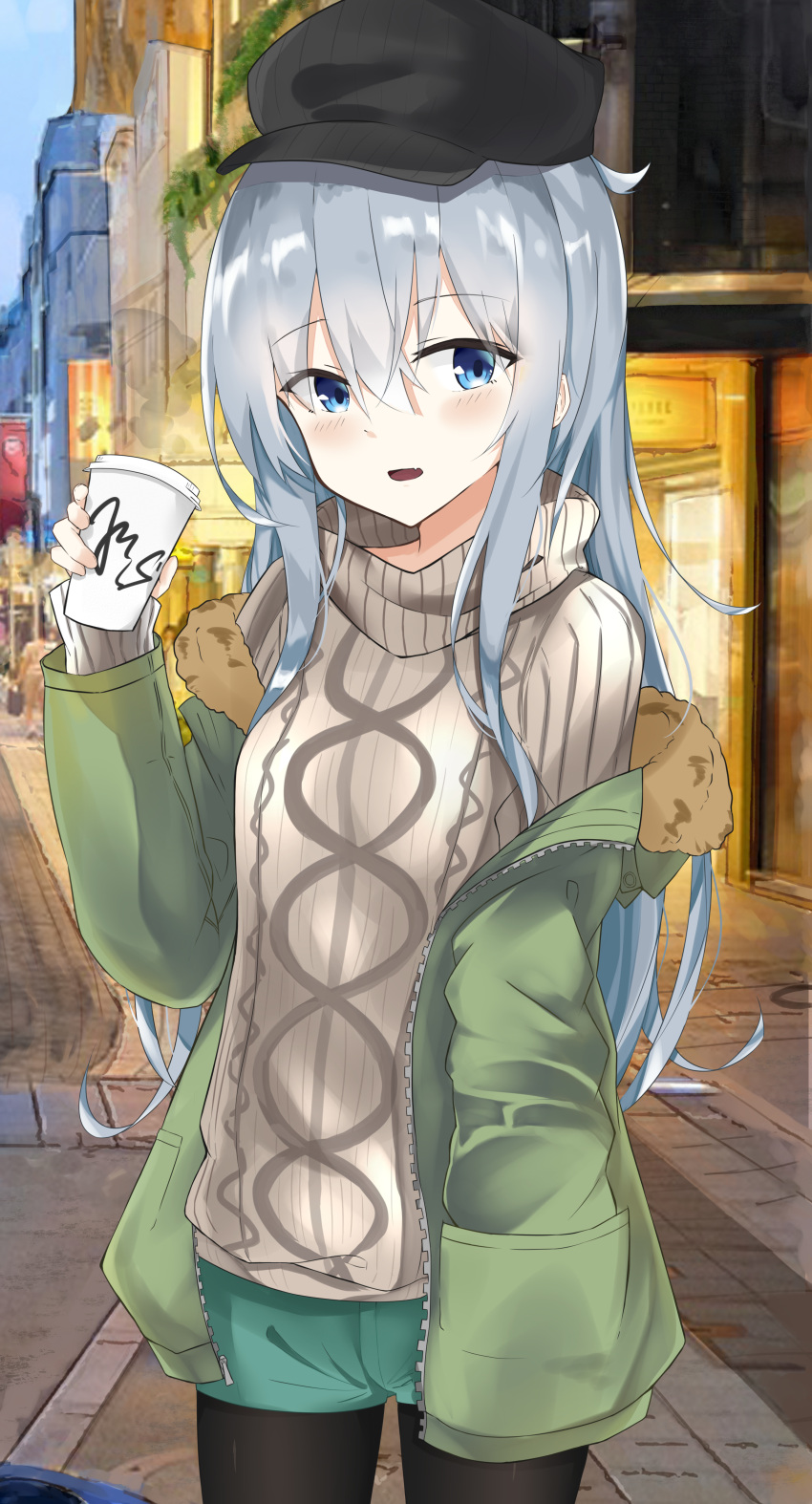 1girl absurdres aqua_shorts baseball_cap black_cape black_legwear blue_eyes blush cape coat cowboy_shot day evening_rabbit eyebrows_visible_through_hair green_coat grey_sweater hair_between_eyes hand_in_pocket hat hibiki_(kantai_collection) highres holding kantai_collection legwear_under_shorts long_hair looking_at_viewer open_clothes open_coat open_mouth outdoors pantyhose ribbed_sweater road shiny shiny_hair short_shorts shorts silver_hair solo standing street sweater thigh_gap turtleneck turtleneck_sweater unzipped very_long_hair
