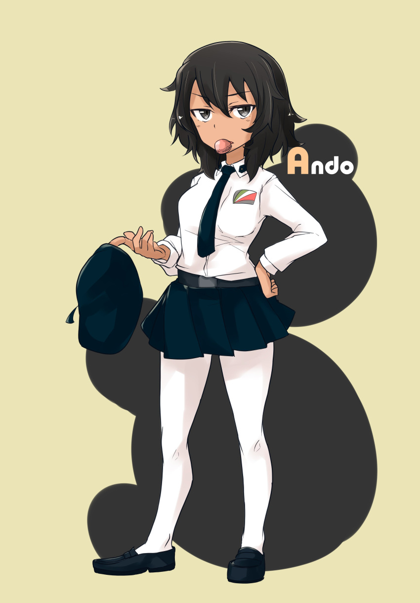 1girl absurdres alternate_costume andou_(girls_und_panzer) anzio_school_uniform bangs barashiya belt beret black_belt black_eyes black_footwear black_hair black_headwear black_neckwear black_skirt character_name commentary_request dark_skin dress_shirt emblem food_in_mouth girls_und_panzer hand_on_hip hat hat_removed headwear_removed highres holding holding_hat loafers long_sleeves looking_at_viewer medium_hair messy_hair miniskirt mouth_hold necktie pantyhose parted_lips pleated_skirt school_uniform shirt shoes skirt solo standing white_legwear white_shirt