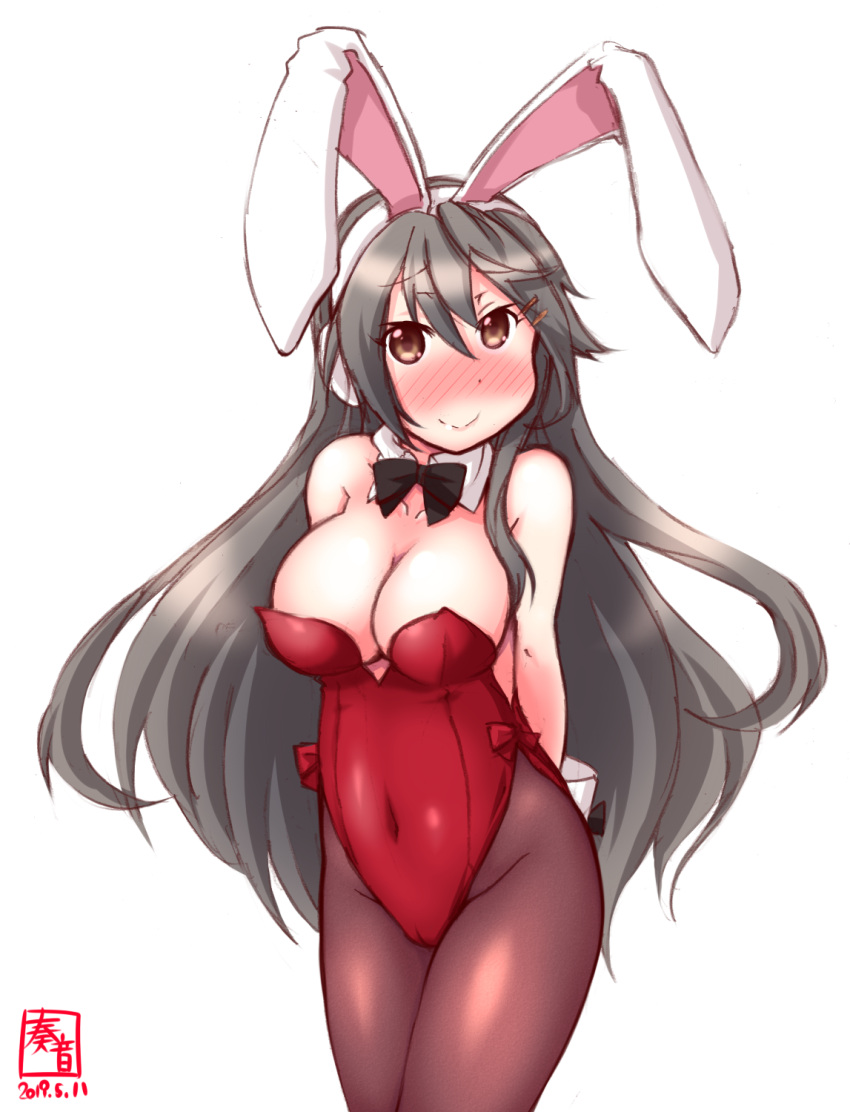 1girl alternate_costume animal_ears arms_behind_back artist_logo bare_shoulders black_hair blush bow bowtie breasts brown_eyes brown_legwear bunny_tail bunnysuit cleavage covered_navel cowboy_shot dated detached_collar fake_animal_ears hair_between_eyes hair_ornament hairclip haruna_(kantai_collection) highres kanon_(kurogane_knights) kantai_collection leotard long_hair looking_at_viewer pantyhose rabbit_ears red_leotard simple_background solo strapless strapless_leotard tail white_background wrist_cuffs