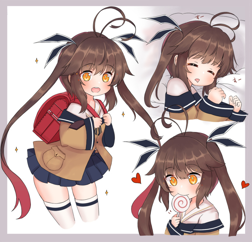 1girl antenna_hair bag bangs brown_hair candy closed_eyes commentary_request eyebrows_visible_through_hair finesoda food girls_frontline gradient_hair heart holding_lollipop lollipop long_hair long_sleeves lying m14_(girls_frontline) multicolored_hair multiple_views on_side open_mouth pleated_skirt redhead school_bag skirt sleeping twintails two-tone_hair wide_sleeves yellow_eyes younger