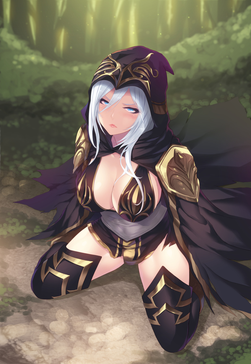 1girl absurdres ashe_(league_of_legends) bangs black_legwear blue_eyes blush breasts cait cape cleavage closed_mouth forest from_above full_body hair_between_eyes highres hood huge_filesize kneeling large_breasts league_of_legends long_hair nature outdoors paid_reward patreon_reward shoulder_armor sidelocks silver_hair skirt solo spaulders thigh-highs torn_cape torn_clothes torn_skirt white_hair