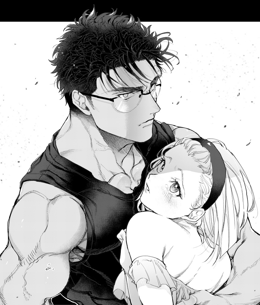 1boy 1girl absurdres bare_shoulders black_hair black_shirt blush dress glasses hairband highres huge_filesize kyougoku_makoto looking_at_another looking_to_the_side medium_hair meitantei_conan monochrome muscle muyukikiyoshi11521 parted_lips shirt sleeveless sleeveless_shirt suzuki_sonoko tears upper_body