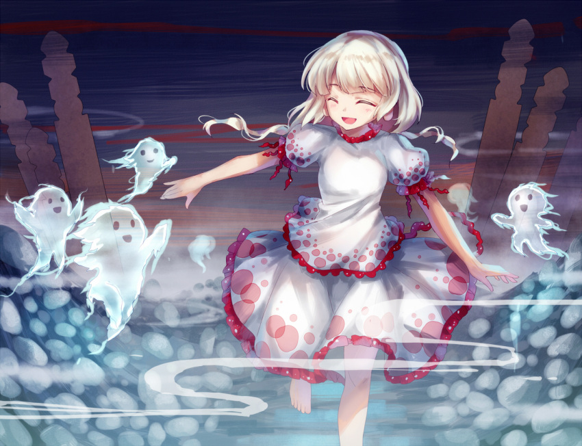 1girl :d ^_^ bangs barefoot blonde_hair closed_eyes closed_eyes commentary_request ebisu_eika eyebrows_visible_through_hair fog foot_out_of_frame frilled_skirt frills ghost gradient gradient_background graveyard hichou low_twintails open_mouth outstretched_hand puffy_short_sleeves puffy_sleeves shirt short_hair short_sleeves skirt smile solo standing standing_on_one_leg stone touhou twintails white_shirt white_skirt