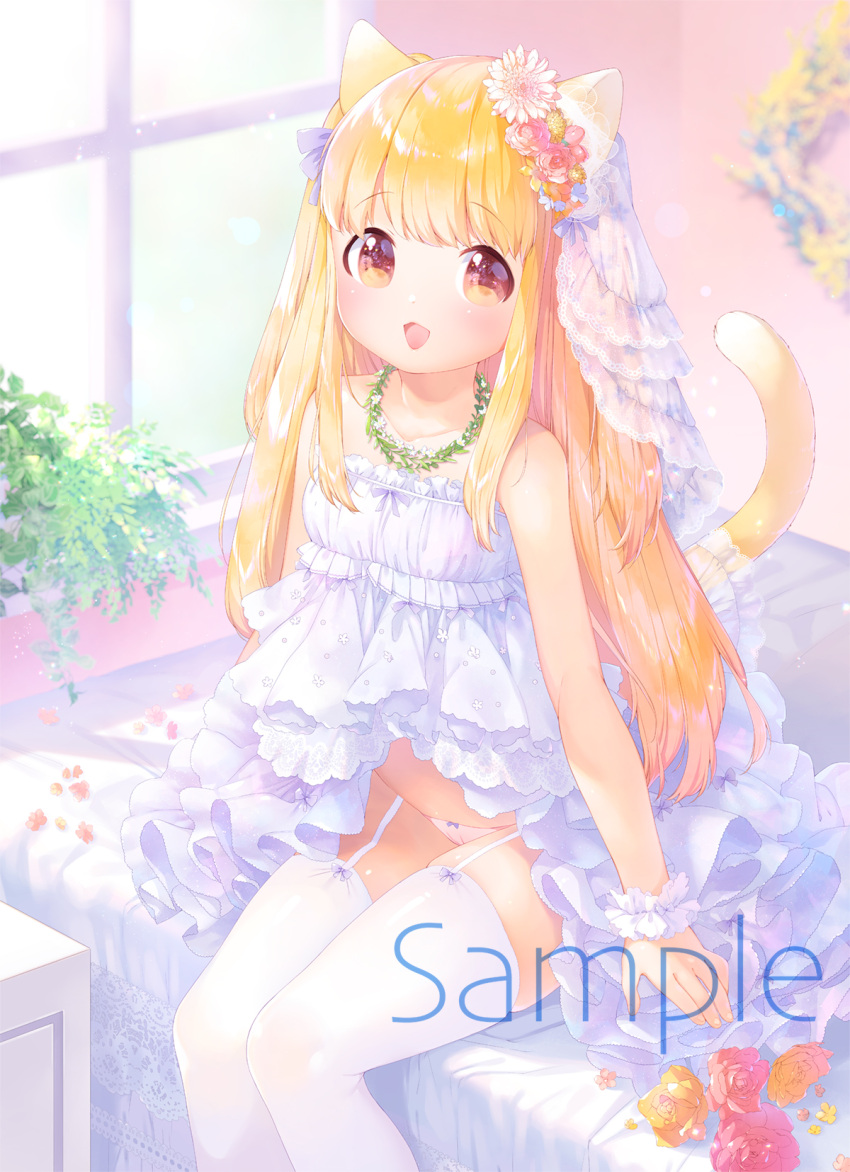 1girl :d animal_ear_fluff animal_ears bare_shoulders bed blonde_hair blurry blurry_background bow bow_panties brown_flower brown_rose cat_ears cat_girl cat_tail collarbone commentary_request depth_of_field dress flower garter_straps hair_flower hair_ornament highres indoors long_hair looking_at_viewer mutou_mato on_bed open_mouth original panties pink_flower pink_panties pink_rose rose sample scrunchie sitting sitting_on_bed smile solo strapless strapless_dress tail thigh-highs underwear veil very_long_hair white_dress white_flower white_legwear white_scrunchie window wrist_scrunchie yellow_flower