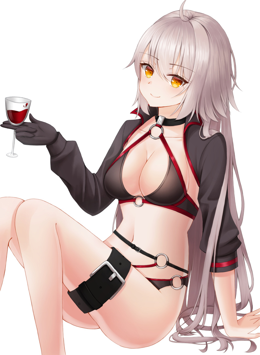 1girl absurdres ahoge alcohol arm_support ass bare_legs bikini black_bikini black_gloves breasts carat_hanna cleavage closed_mouth collarbone cup drinking_glass fate/grand_order fate_(series) feet_out_of_frame gloves halterneck highres holding holding_cup jeanne_d'arc_(alter_swimsuit_berserker) jeanne_d'arc_(fate)_(all) knees_up leg_belt long_hair long_sleeves looking_at_viewer medium_breasts navel orange_eyes shrug_(clothing) silver_hair simple_background single_glove sitting smile solo stomach swimsuit very_long_hair white_background wine wine_glass